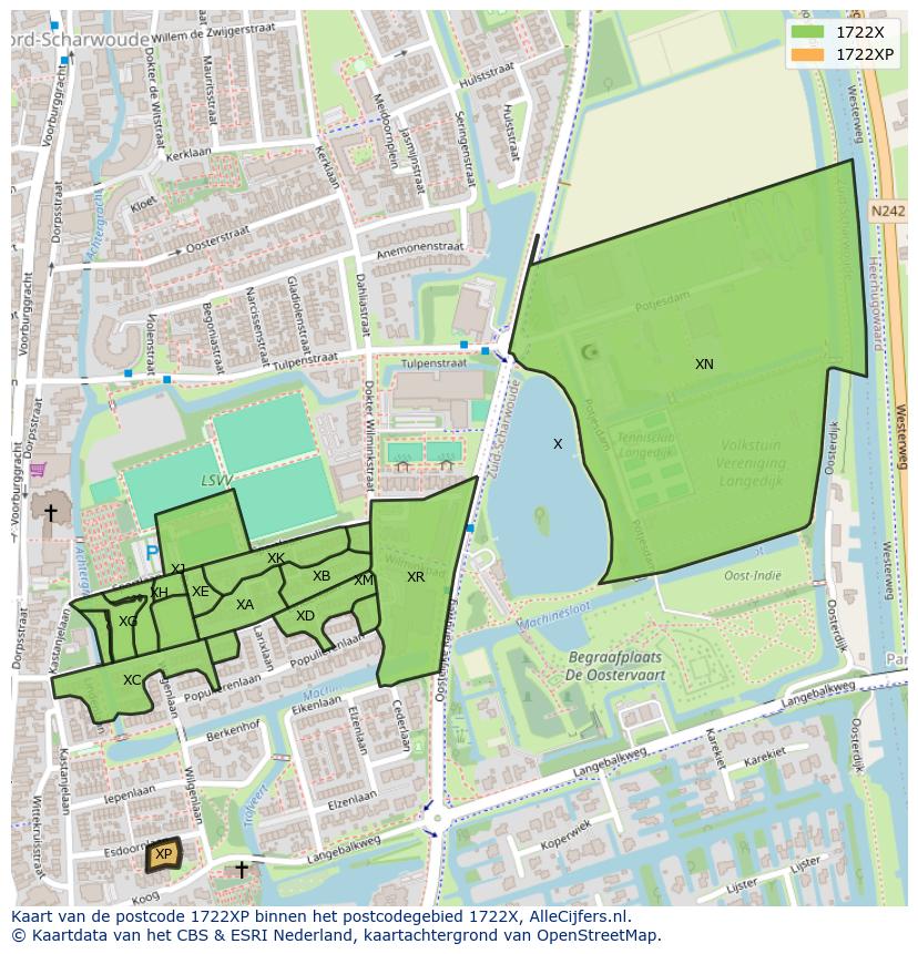 Afbeelding van het postcodegebied 1722 XP op de kaart.