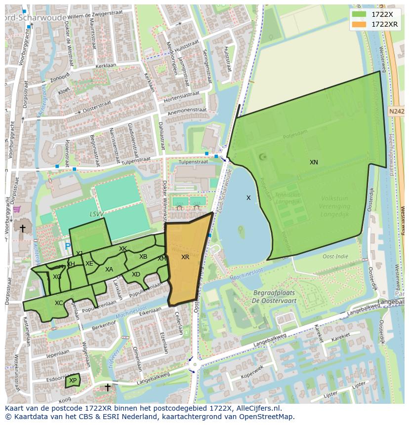 Afbeelding van het postcodegebied 1722 XR op de kaart.