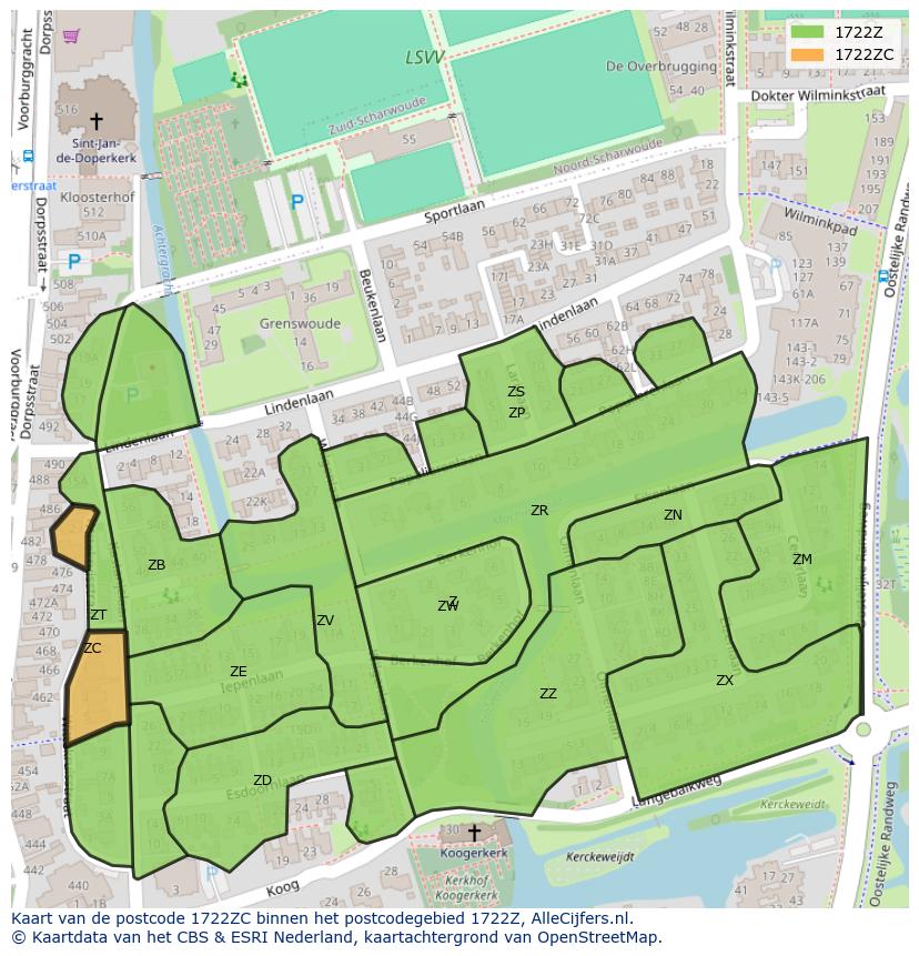 Afbeelding van het postcodegebied 1722 ZC op de kaart.