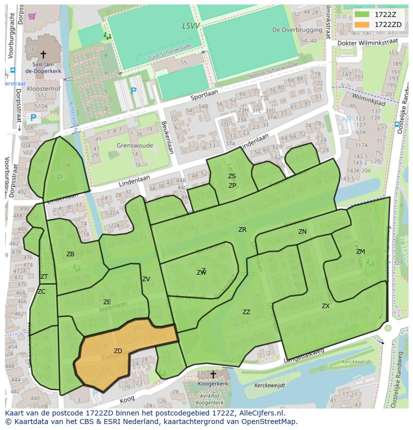 Afbeelding van het postcodegebied 1722 ZD op de kaart.