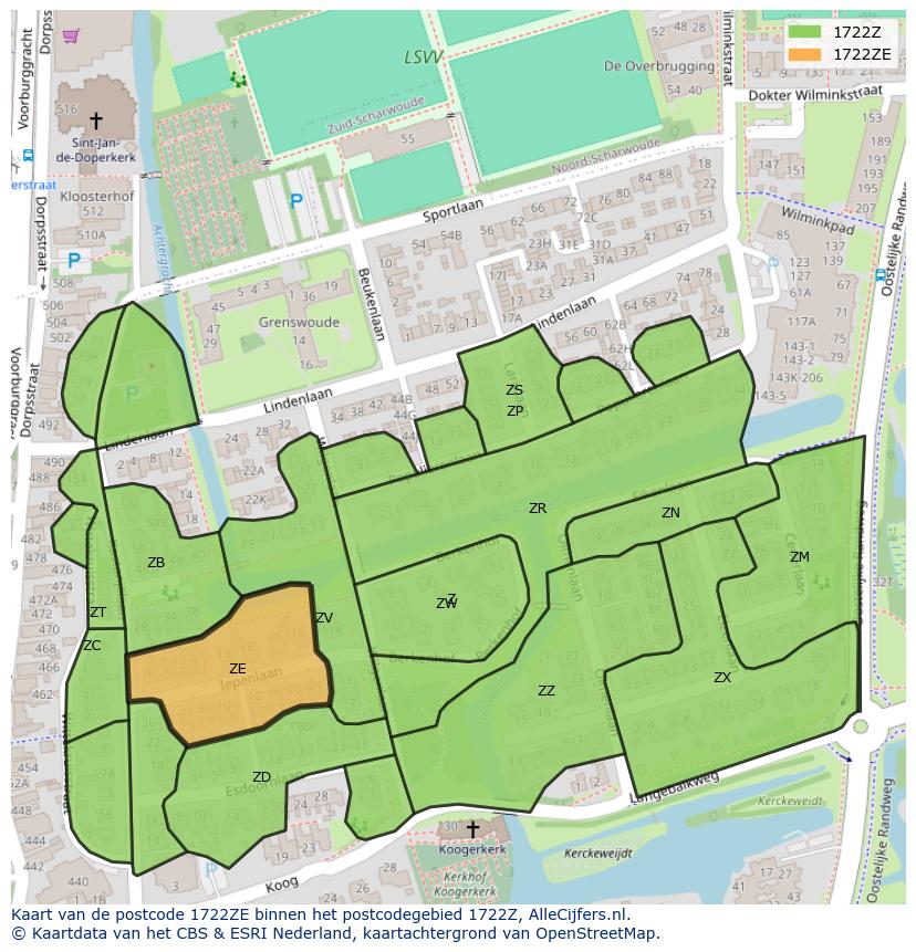 Afbeelding van het postcodegebied 1722 ZE op de kaart.