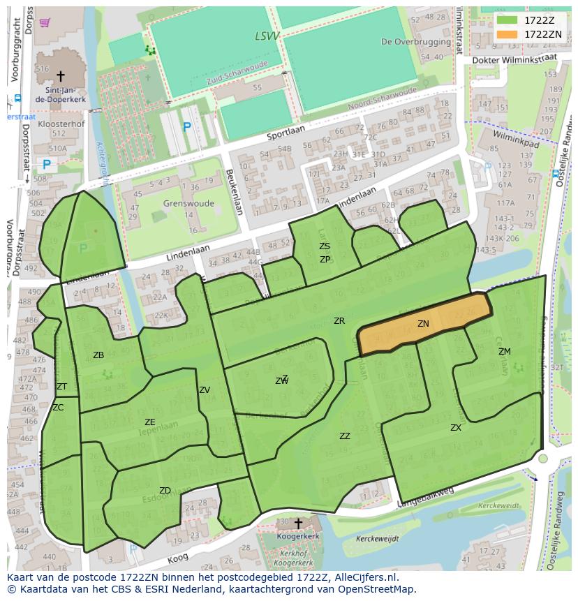 Afbeelding van het postcodegebied 1722 ZN op de kaart.