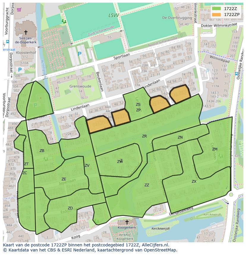 Afbeelding van het postcodegebied 1722 ZP op de kaart.