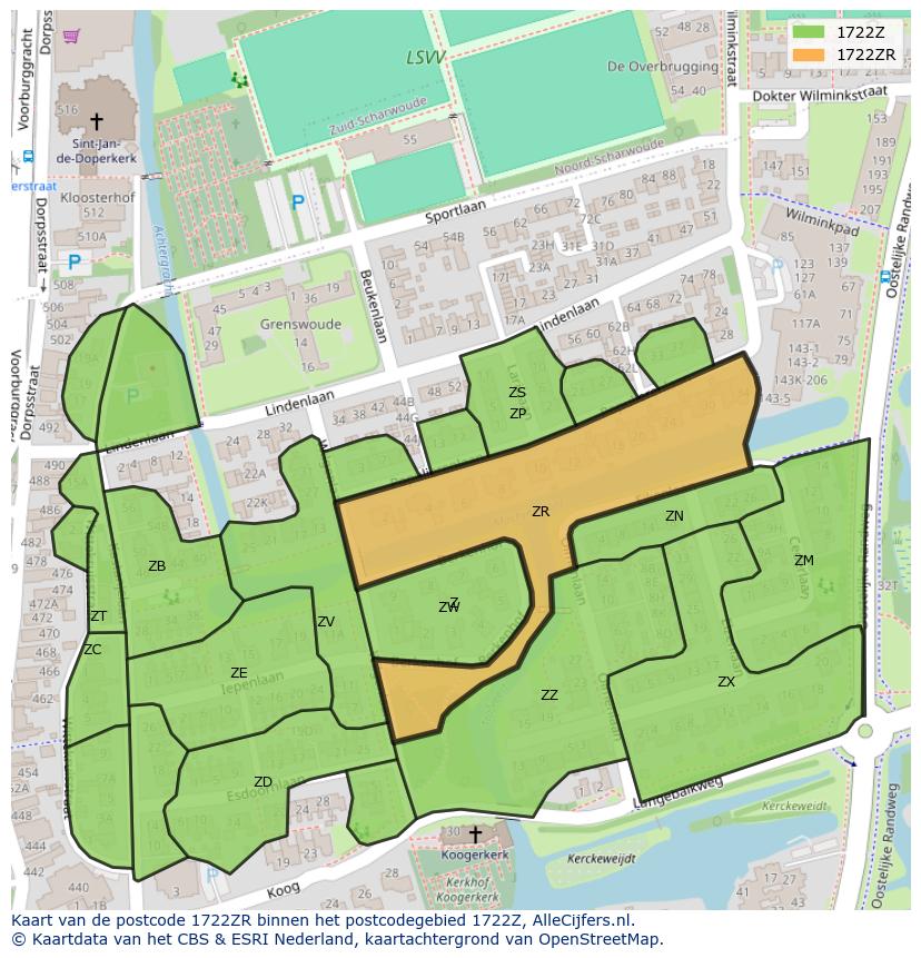 Afbeelding van het postcodegebied 1722 ZR op de kaart.