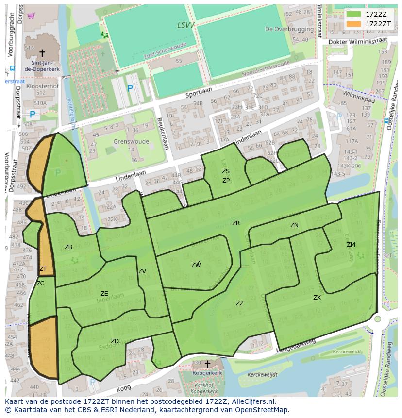 Afbeelding van het postcodegebied 1722 ZT op de kaart.
