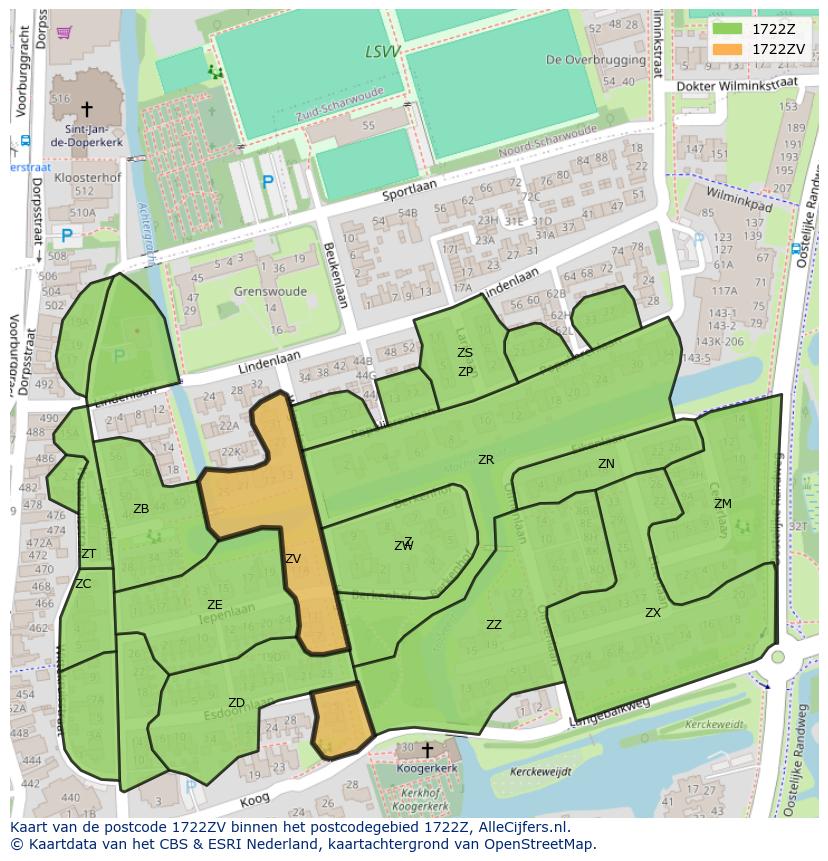 Afbeelding van het postcodegebied 1722 ZV op de kaart.
