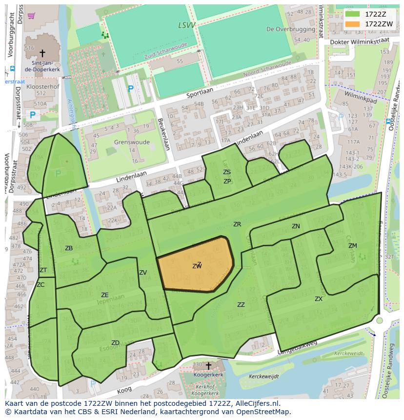 Afbeelding van het postcodegebied 1722 ZW op de kaart.