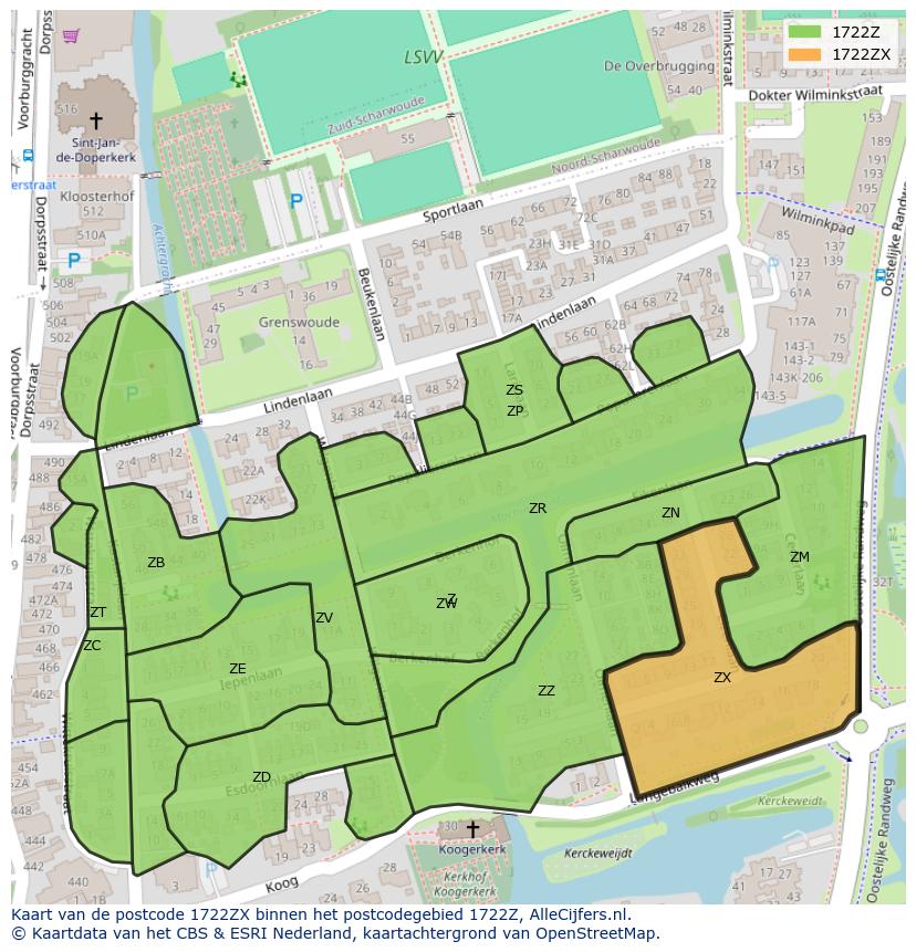 Afbeelding van het postcodegebied 1722 ZX op de kaart.