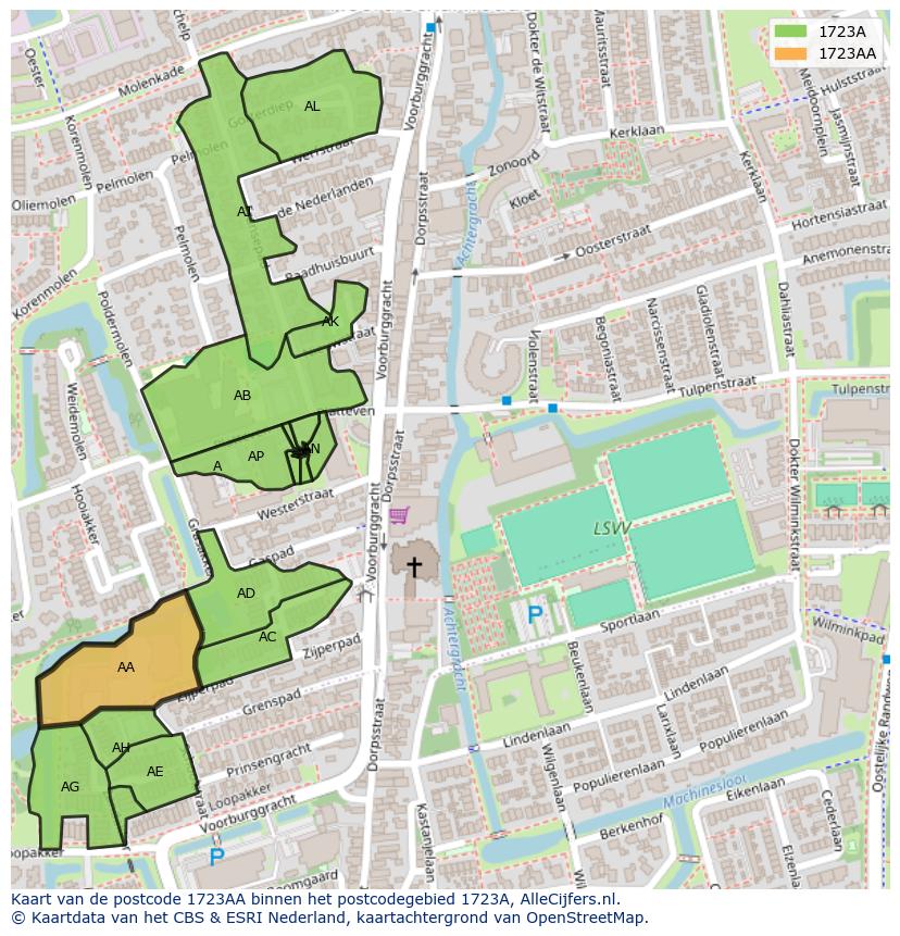 Afbeelding van het postcodegebied 1723 AA op de kaart.