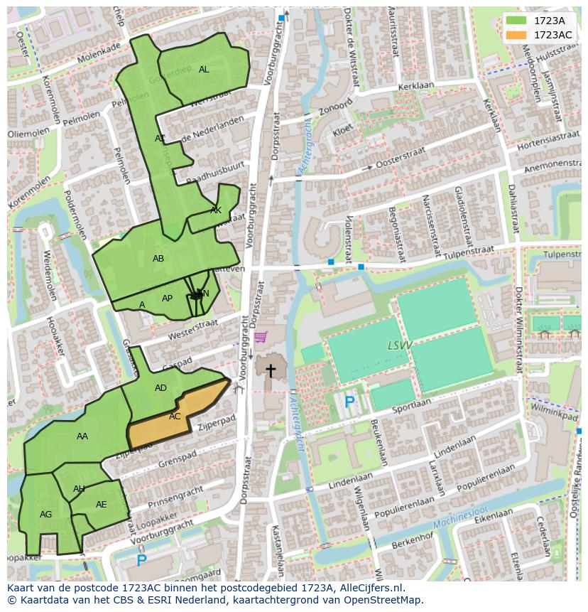 Afbeelding van het postcodegebied 1723 AC op de kaart.
