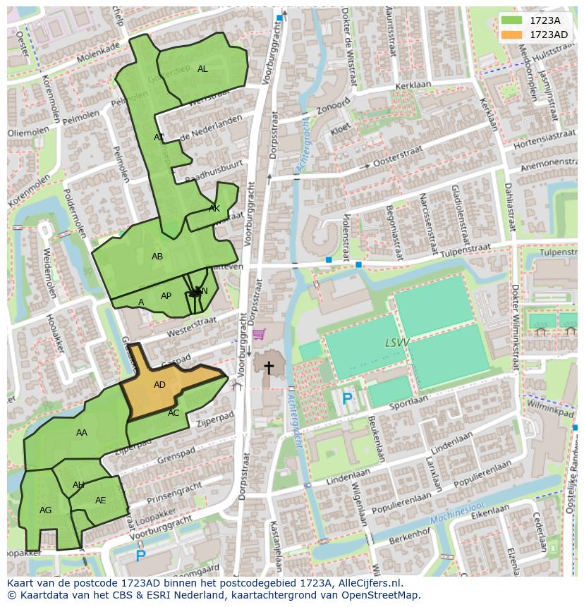 Afbeelding van het postcodegebied 1723 AD op de kaart.