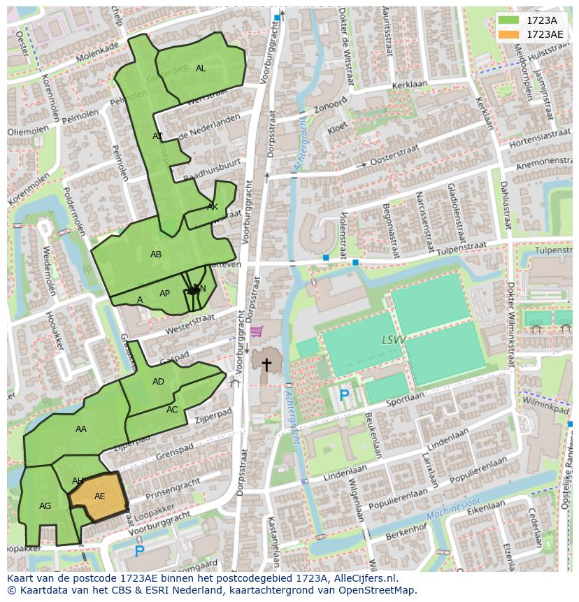 Afbeelding van het postcodegebied 1723 AE op de kaart.