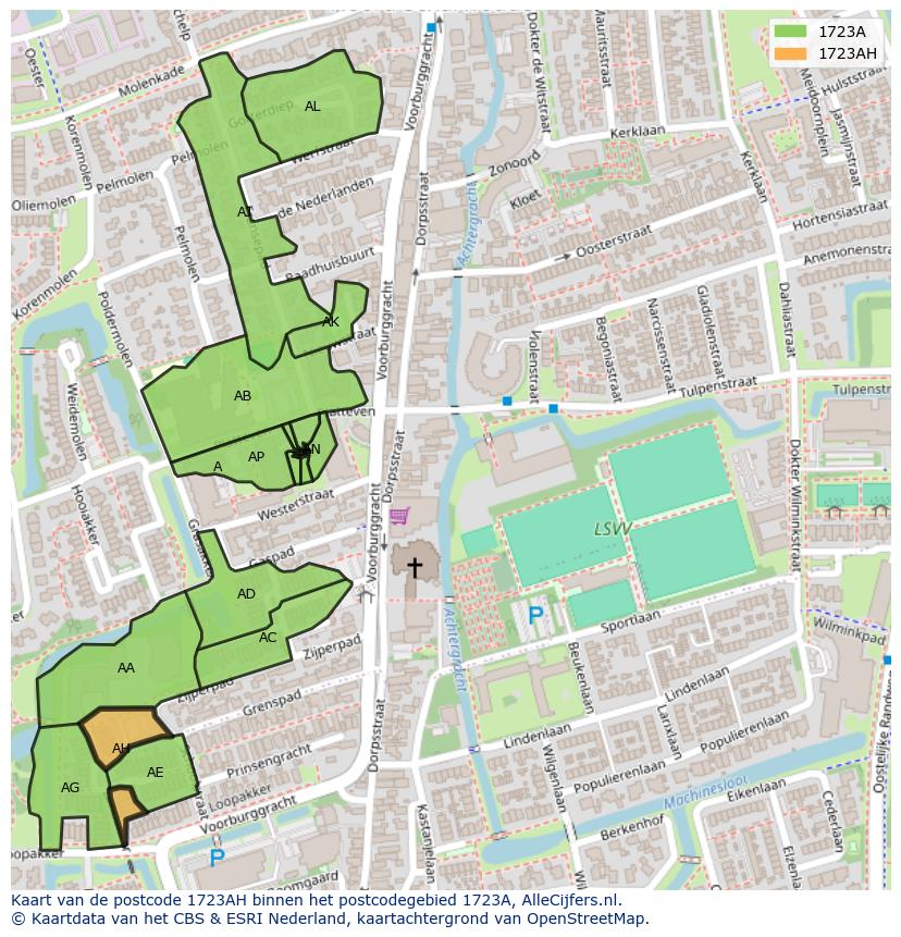 Afbeelding van het postcodegebied 1723 AH op de kaart.