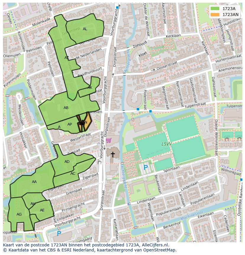 Afbeelding van het postcodegebied 1723 AN op de kaart.