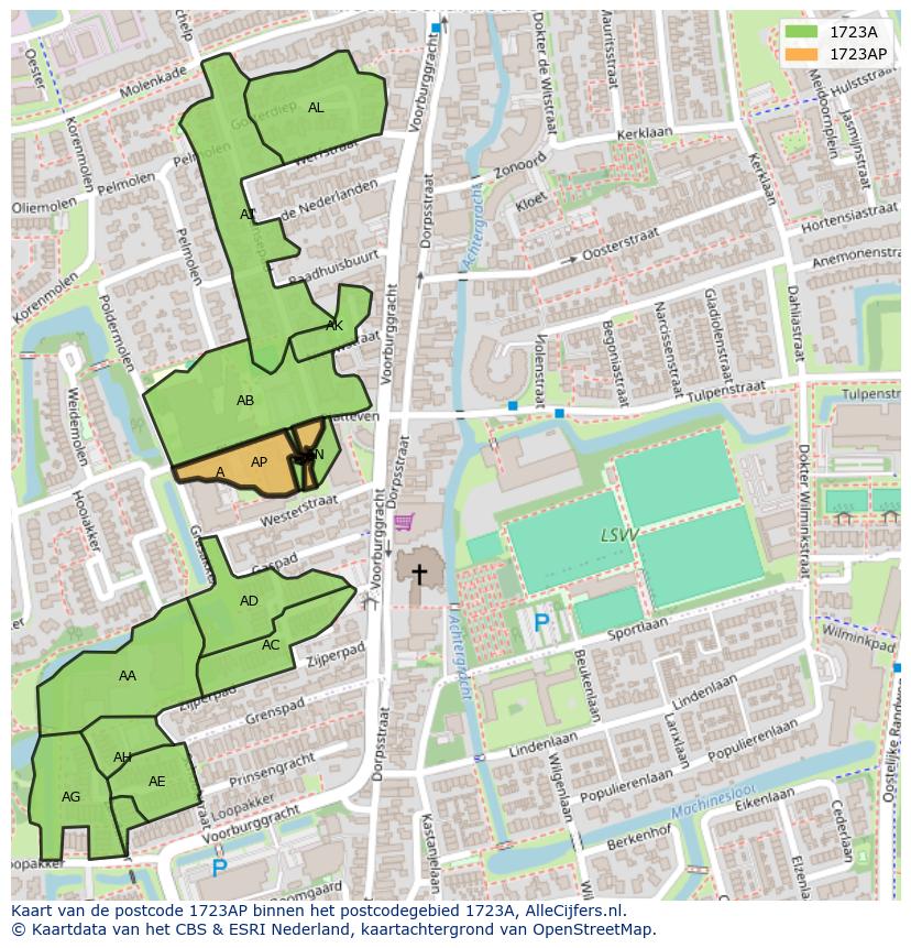 Afbeelding van het postcodegebied 1723 AP op de kaart.