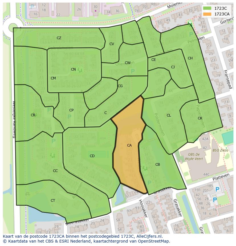 Afbeelding van het postcodegebied 1723 CA op de kaart.
