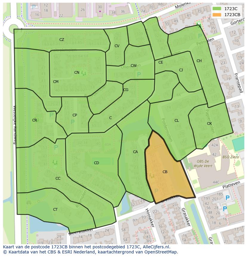 Afbeelding van het postcodegebied 1723 CB op de kaart.