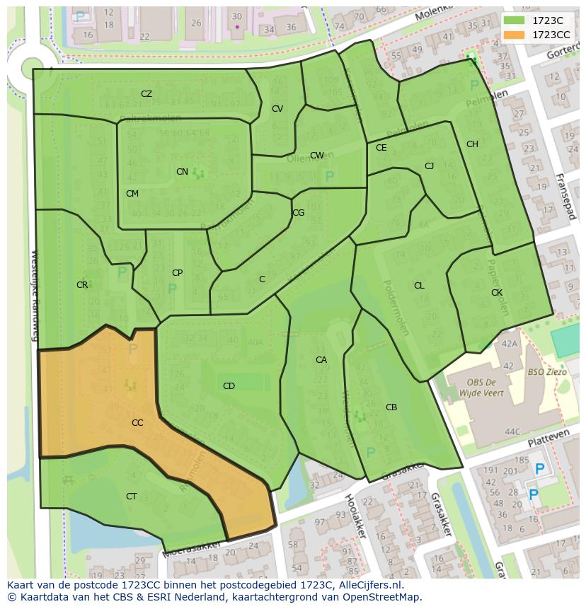 Afbeelding van het postcodegebied 1723 CC op de kaart.