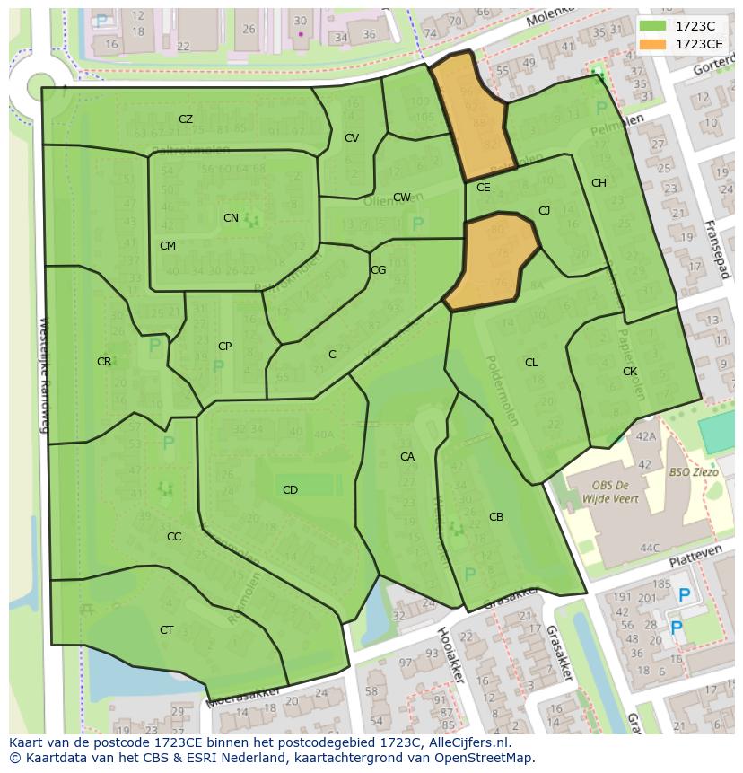 Afbeelding van het postcodegebied 1723 CE op de kaart.