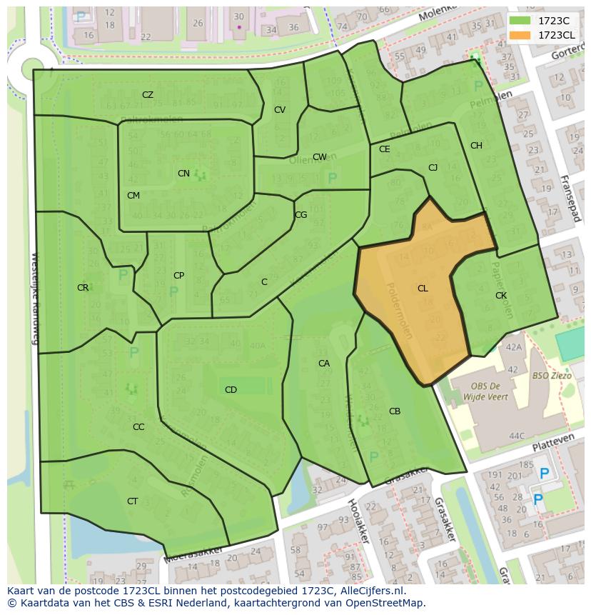 Afbeelding van het postcodegebied 1723 CL op de kaart.
