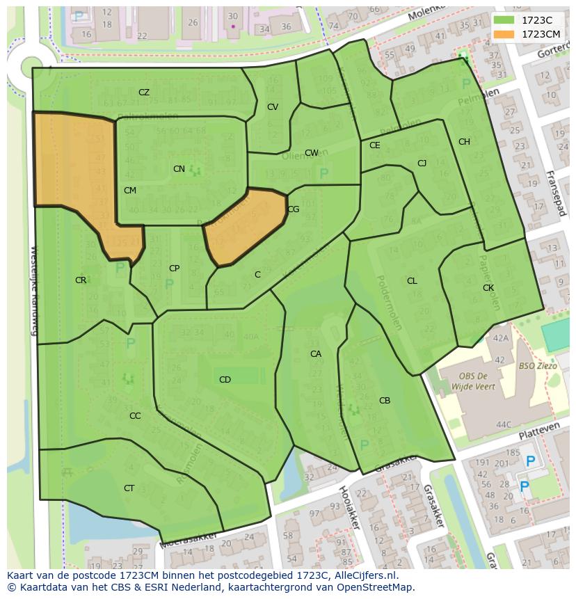 Afbeelding van het postcodegebied 1723 CM op de kaart.