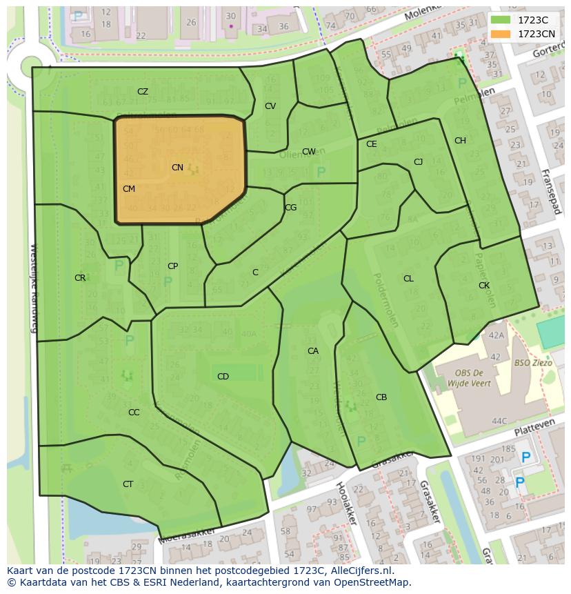 Afbeelding van het postcodegebied 1723 CN op de kaart.