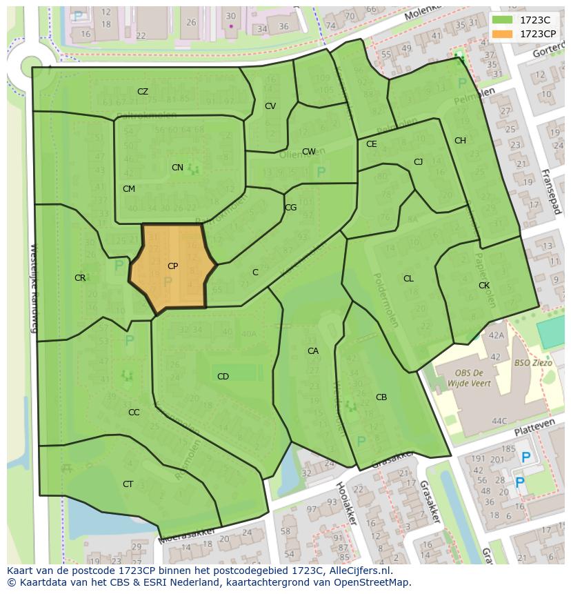 Afbeelding van het postcodegebied 1723 CP op de kaart.