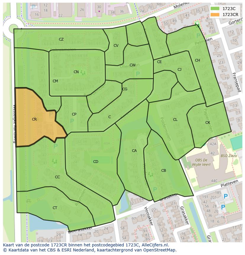 Afbeelding van het postcodegebied 1723 CR op de kaart.