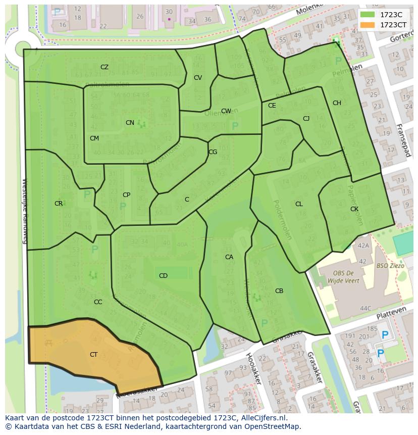 Afbeelding van het postcodegebied 1723 CT op de kaart.