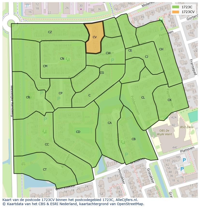 Afbeelding van het postcodegebied 1723 CV op de kaart.