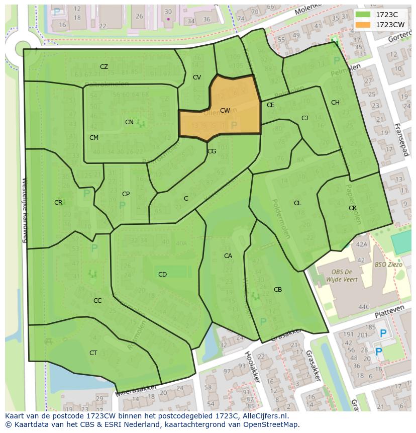 Afbeelding van het postcodegebied 1723 CW op de kaart.