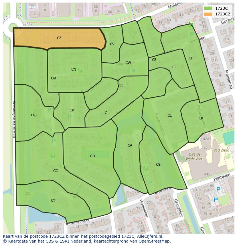 Afbeelding van het postcodegebied 1723 CZ op de kaart.