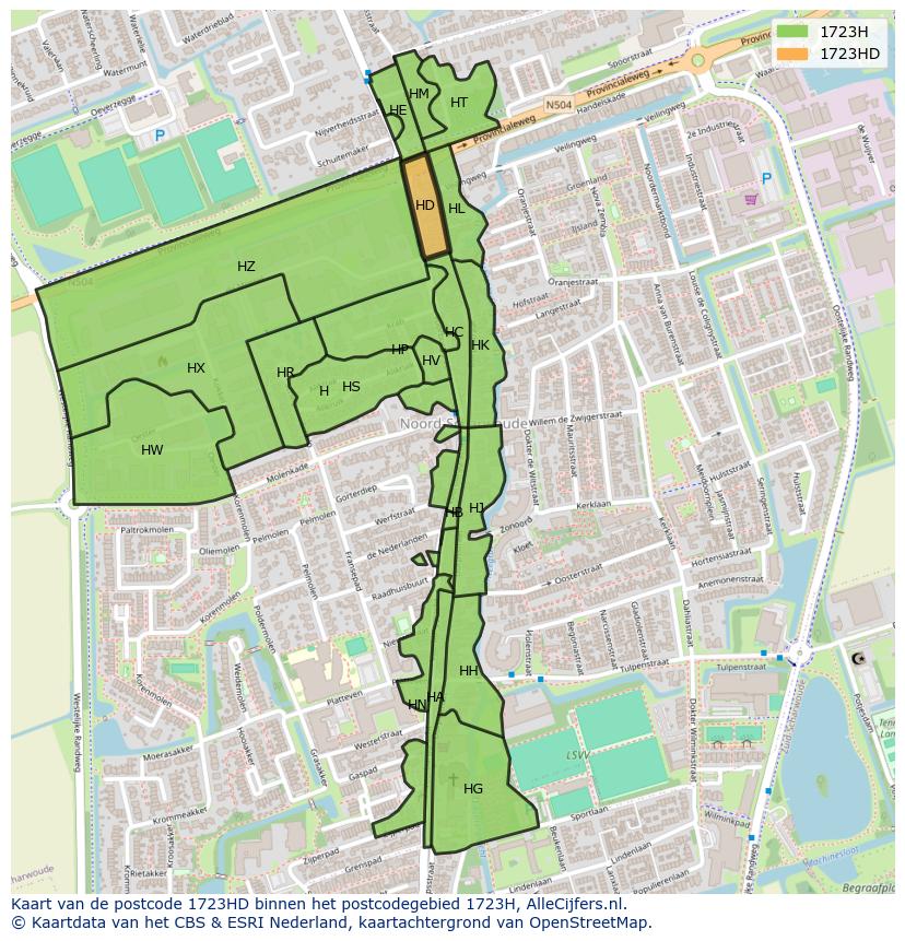 Afbeelding van het postcodegebied 1723 HD op de kaart.