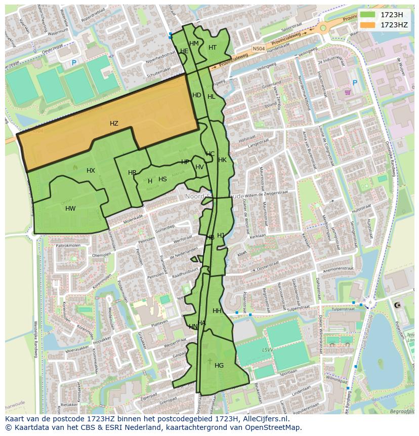 Afbeelding van het postcodegebied 1723 HZ op de kaart.