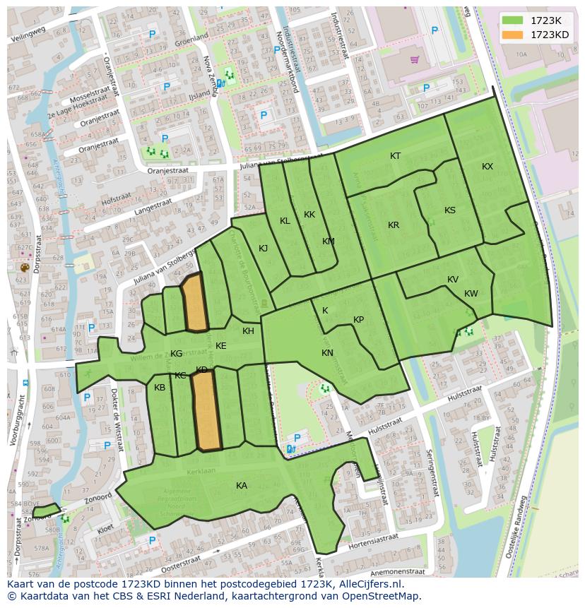 Afbeelding van het postcodegebied 1723 KD op de kaart.
