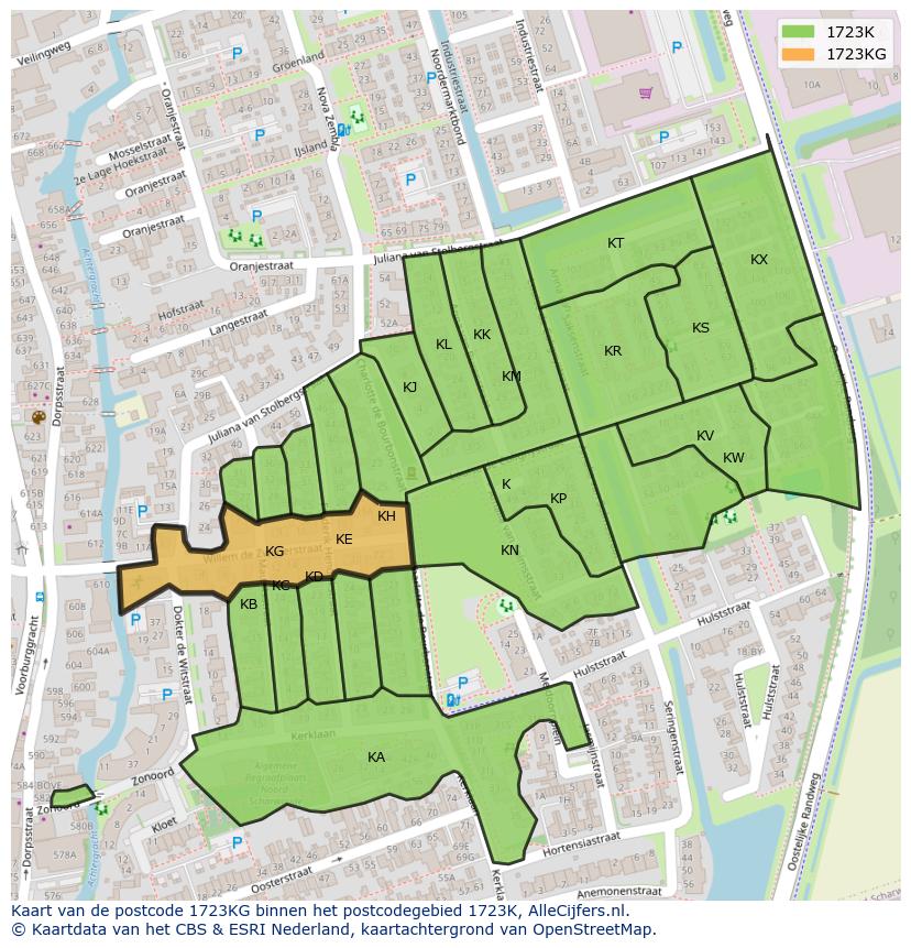 Afbeelding van het postcodegebied 1723 KG op de kaart.