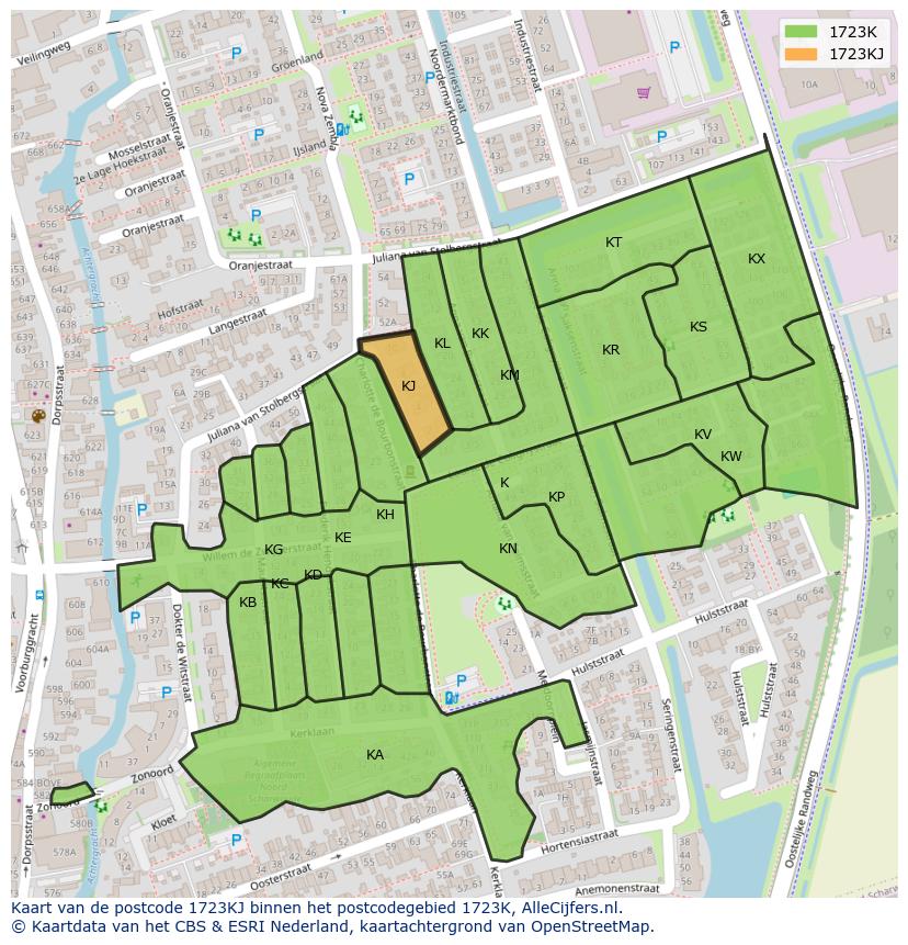 Afbeelding van het postcodegebied 1723 KJ op de kaart.