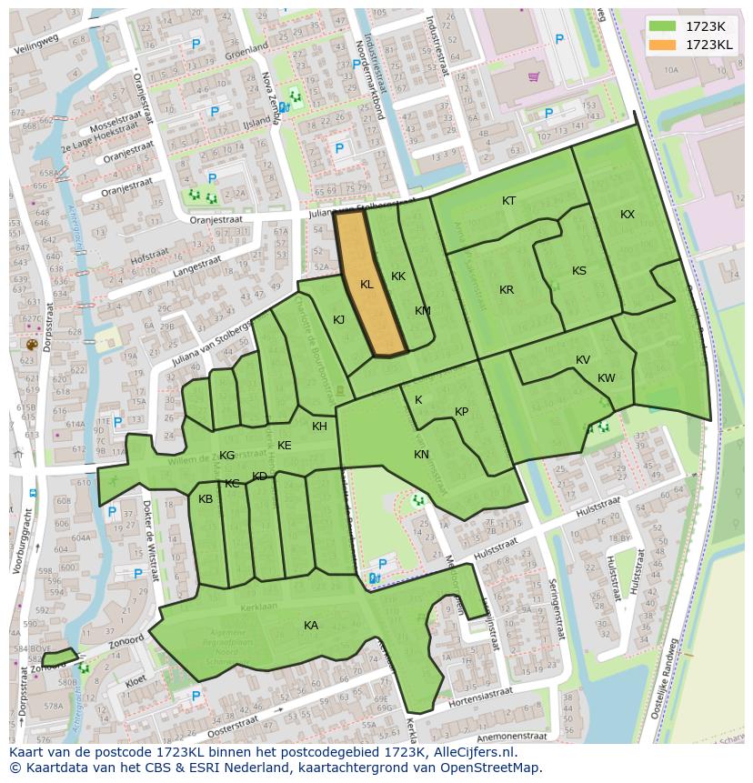 Afbeelding van het postcodegebied 1723 KL op de kaart.