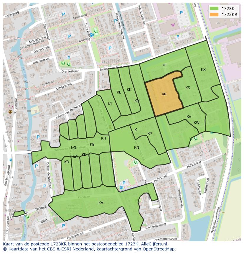 Afbeelding van het postcodegebied 1723 KR op de kaart.