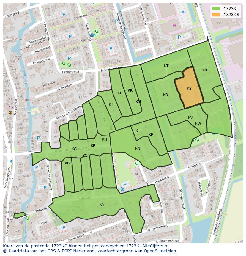 Afbeelding van het postcodegebied 1723 KS op de kaart.