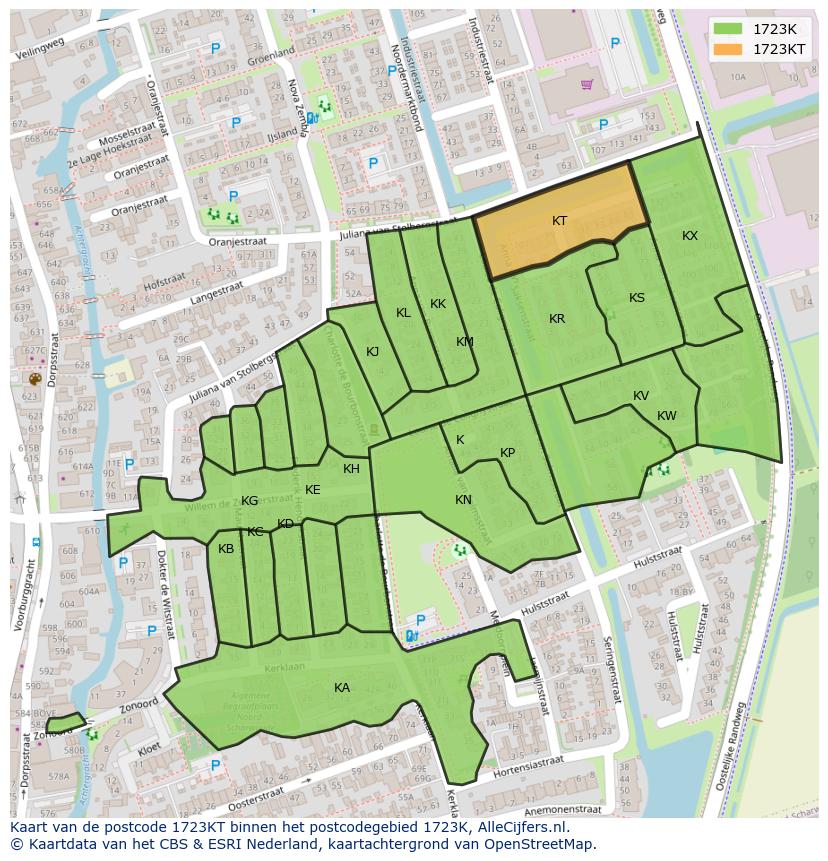 Afbeelding van het postcodegebied 1723 KT op de kaart.