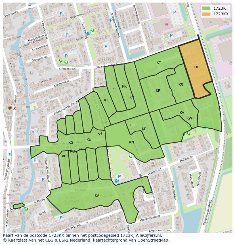 Afbeelding van het postcodegebied 1723 KX op de kaart.