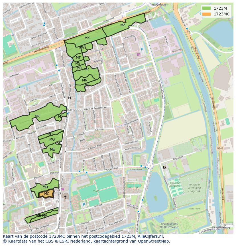 Afbeelding van het postcodegebied 1723 MC op de kaart.