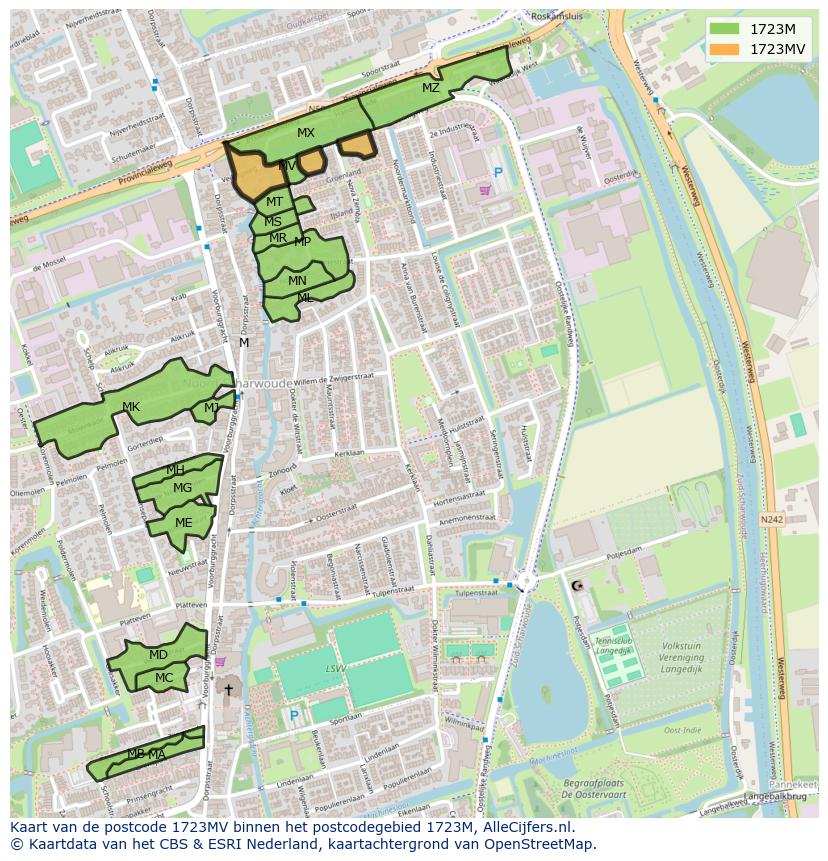 Afbeelding van het postcodegebied 1723 MV op de kaart.