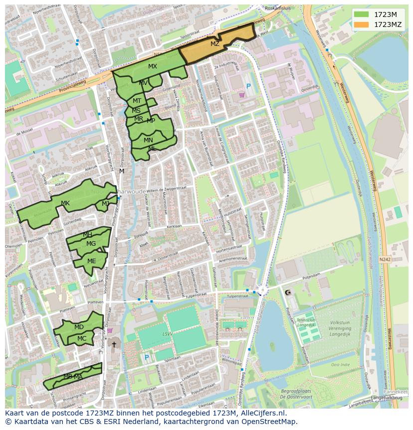 Afbeelding van het postcodegebied 1723 MZ op de kaart.
