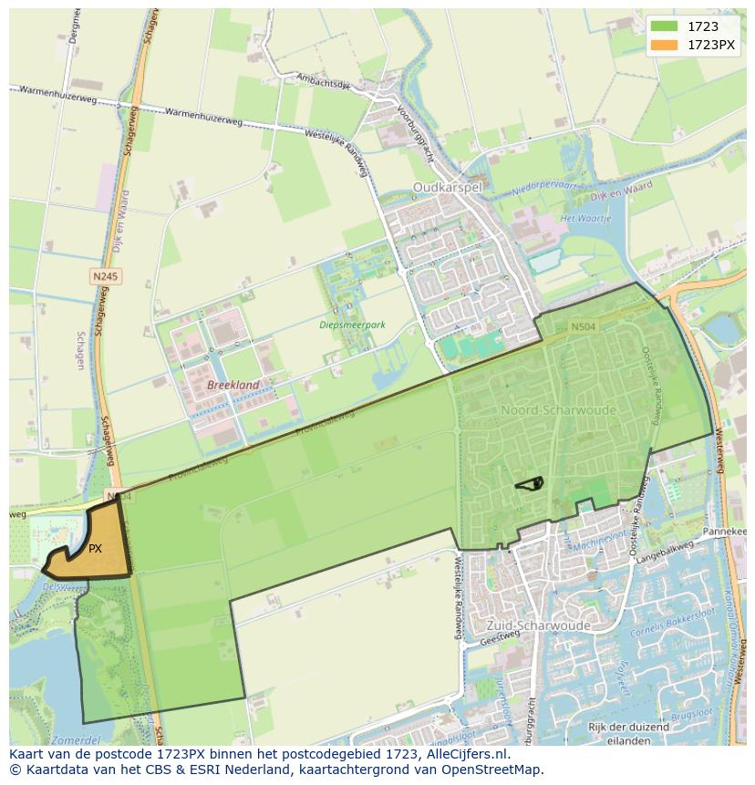 Afbeelding van het postcodegebied 1723 PX op de kaart.