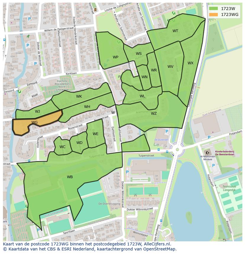 Afbeelding van het postcodegebied 1723 WG op de kaart.