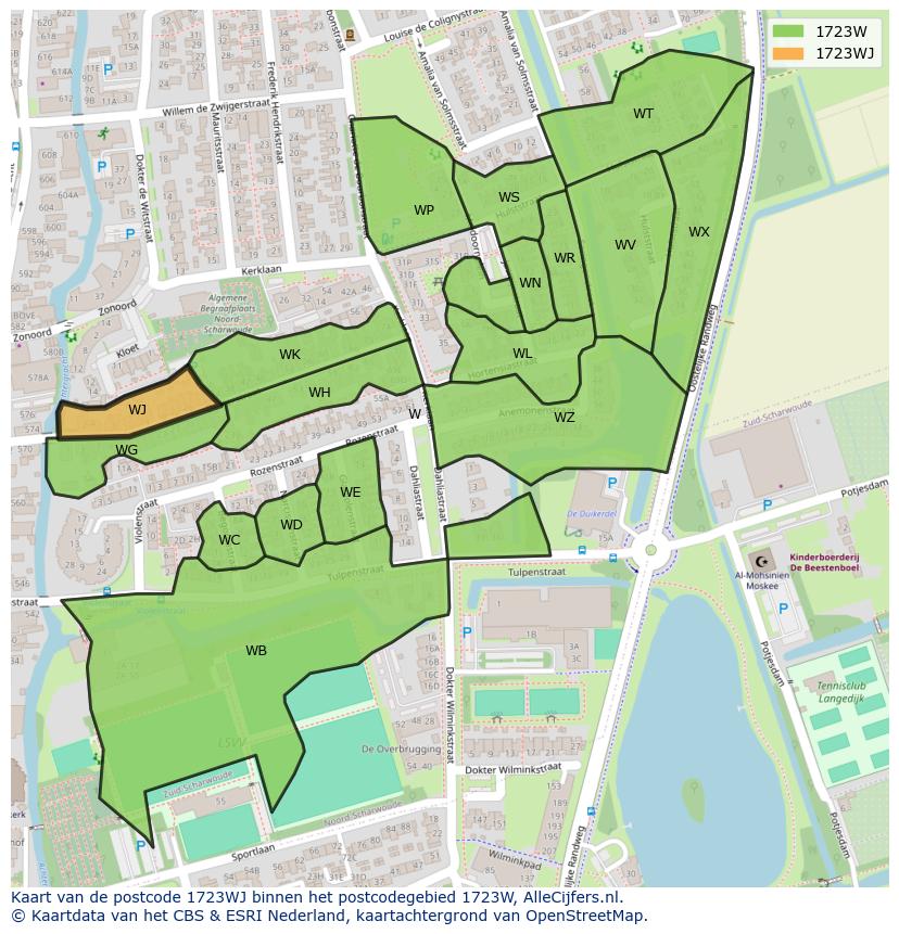 Afbeelding van het postcodegebied 1723 WJ op de kaart.