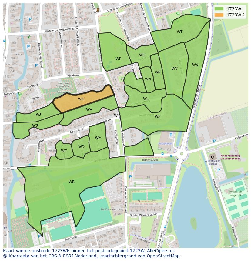 Afbeelding van het postcodegebied 1723 WK op de kaart.