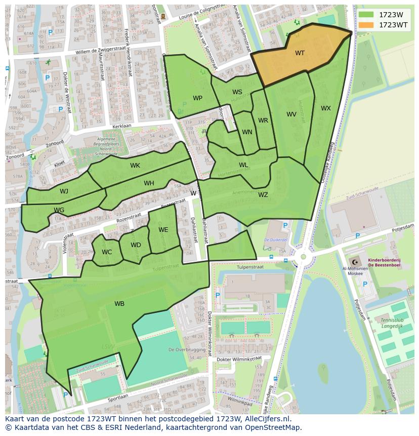 Afbeelding van het postcodegebied 1723 WT op de kaart.